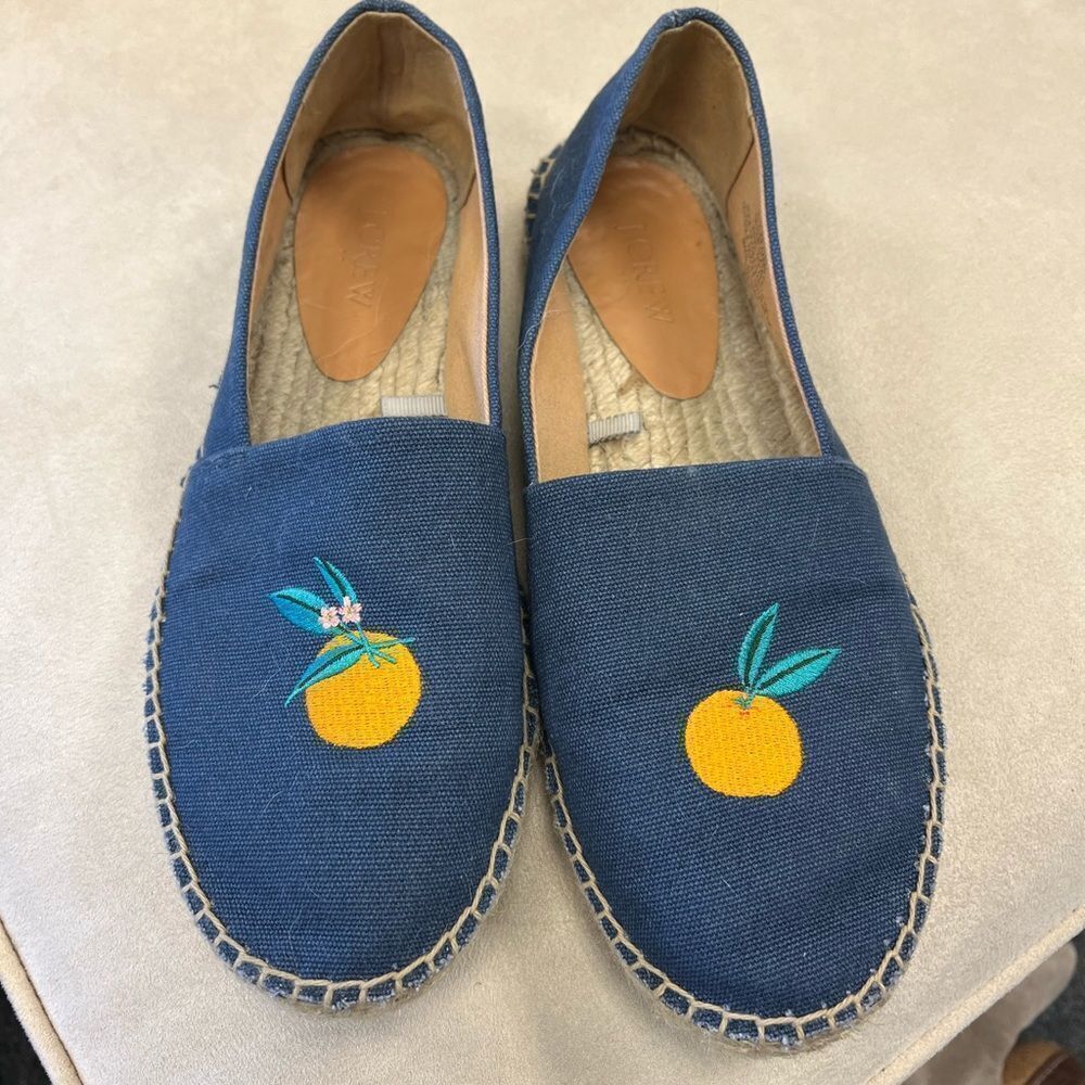 J. Crew Embroidered Oranges Navy Espadrille Shoes sz 9 EUC